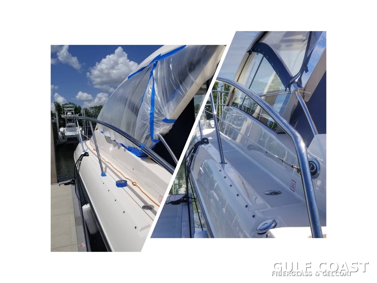 Before and after cabin cruiser hullside restoration on a boat in Clearwater, Florida