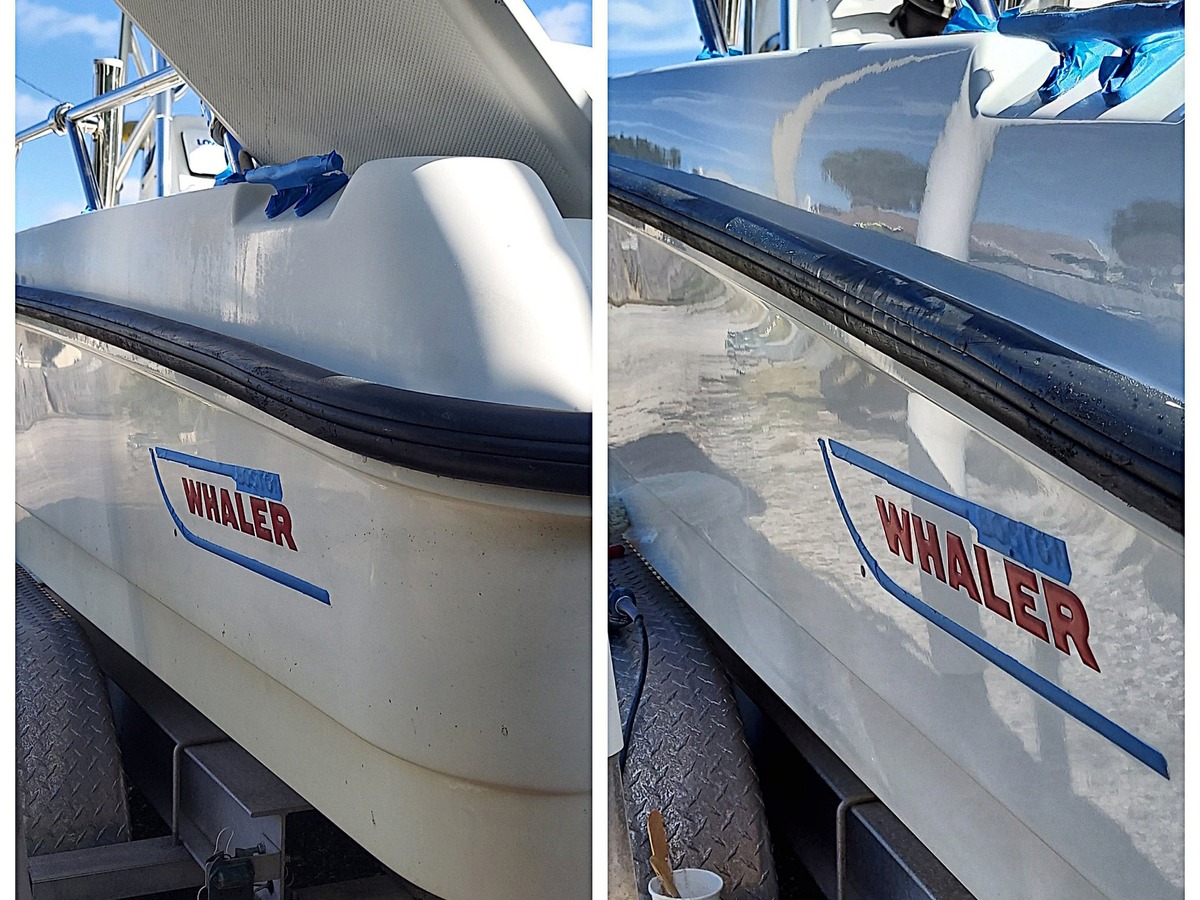 Before and after boston whaler hull restoration on a boat in St. Petersburg, Florida
