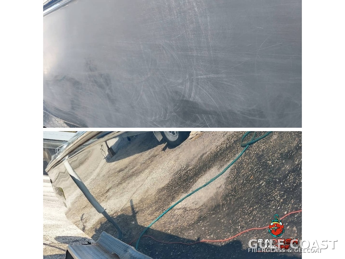 Before and after hull wetsanding & polishing on a boat