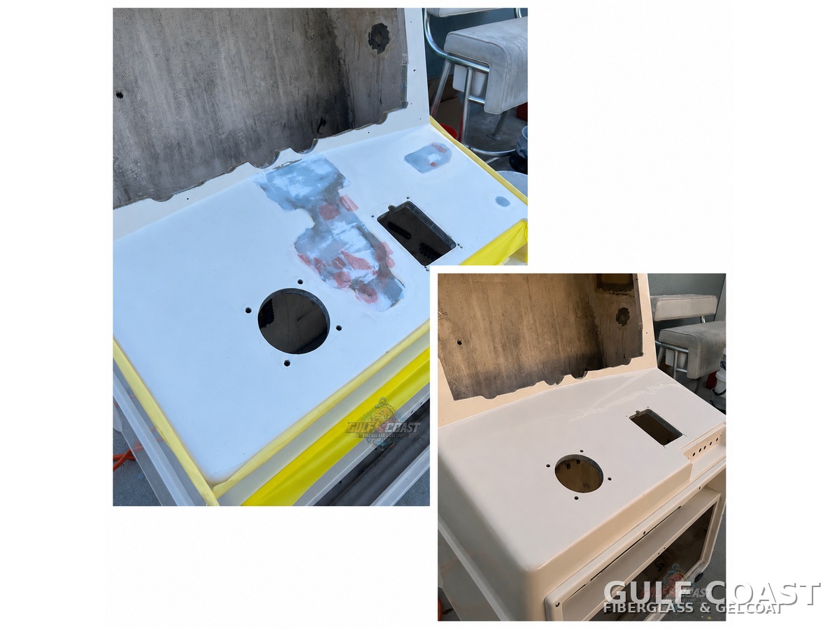 Before and after boat console refinish on a boat