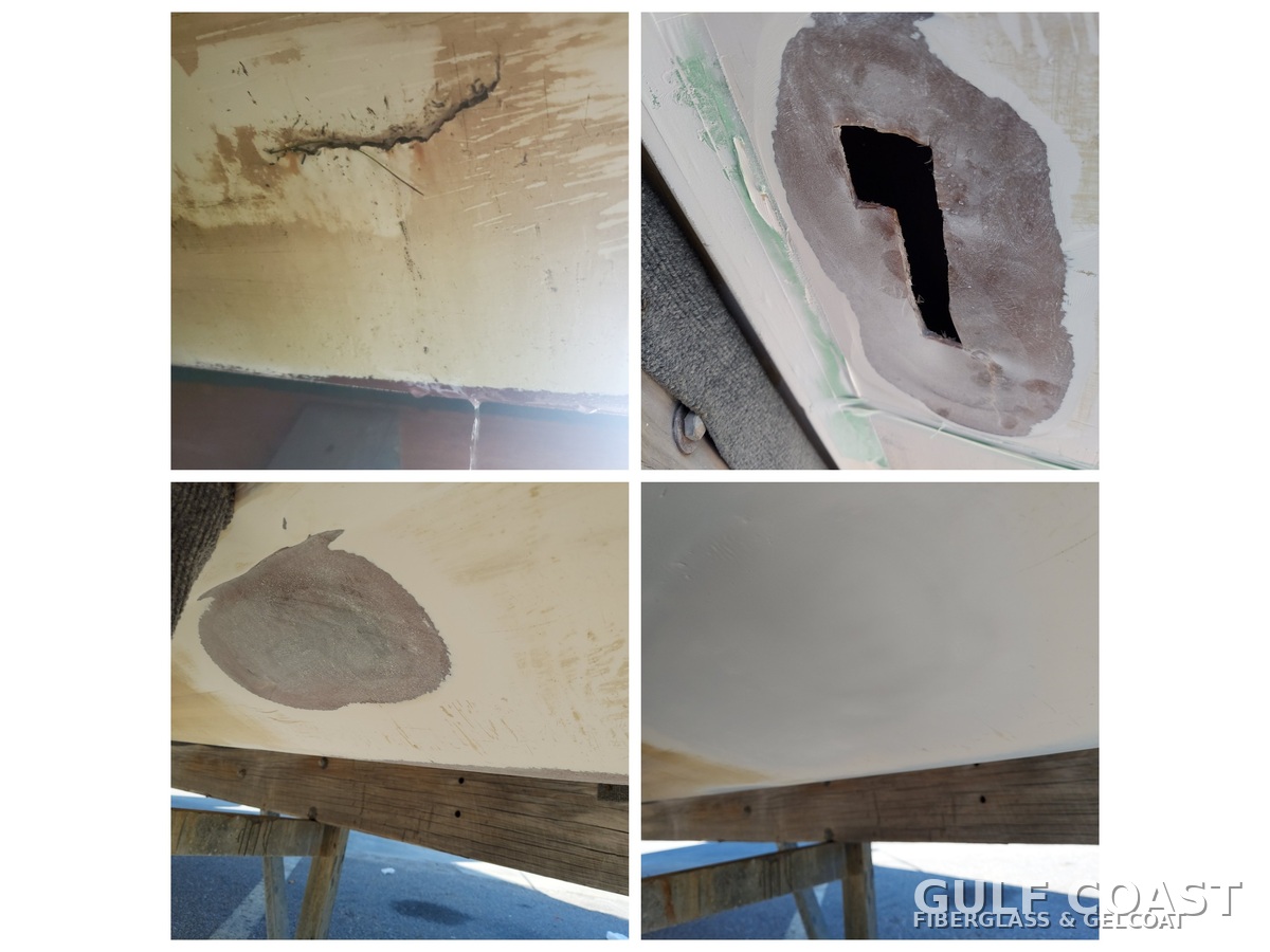 Before and after hull-bottom structural repair on a boat