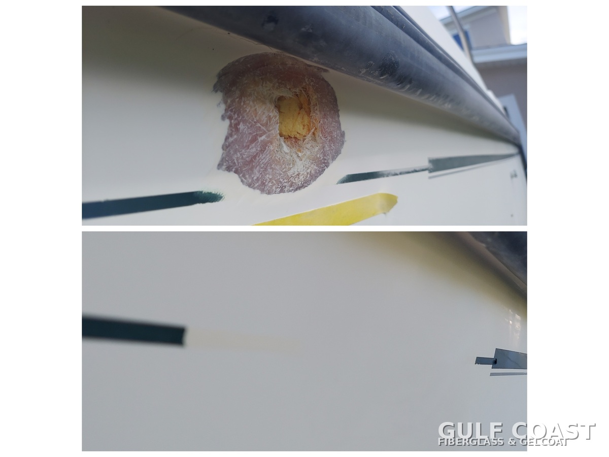 Palmetto boat hull side impact fiberglass repair before and after by Gulf Coast Fiberglass and Gelcoat