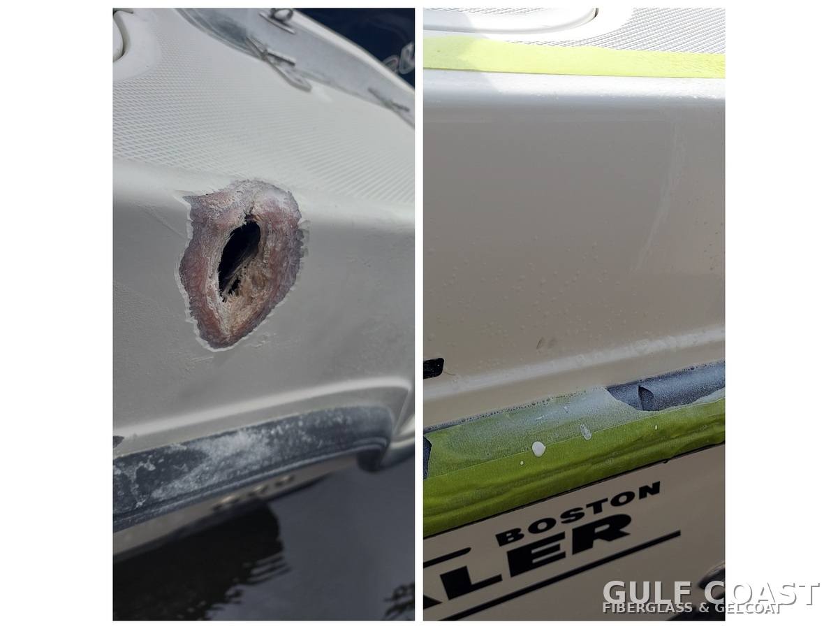 Before and after boston whaler transom repair on a boat in St. Petersburg, Florida