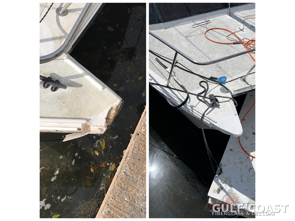 St. Petersburg catamaran bow collision fiberglass repair before and after by Gulf Coast Fiberglass and Gelcoat