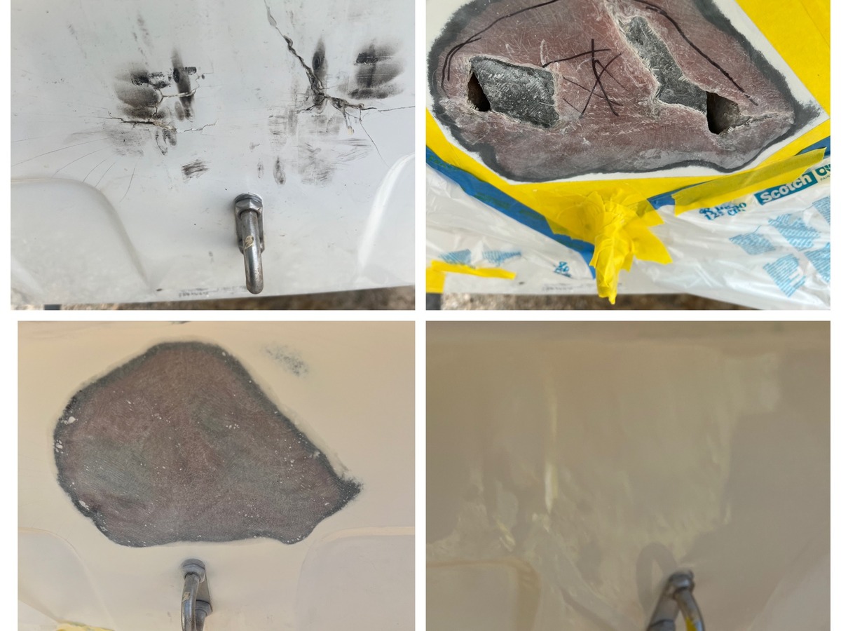 Ruskin structural fiberglass bow repair before and after by Gulf Coast Fiberglass and Gelcoat