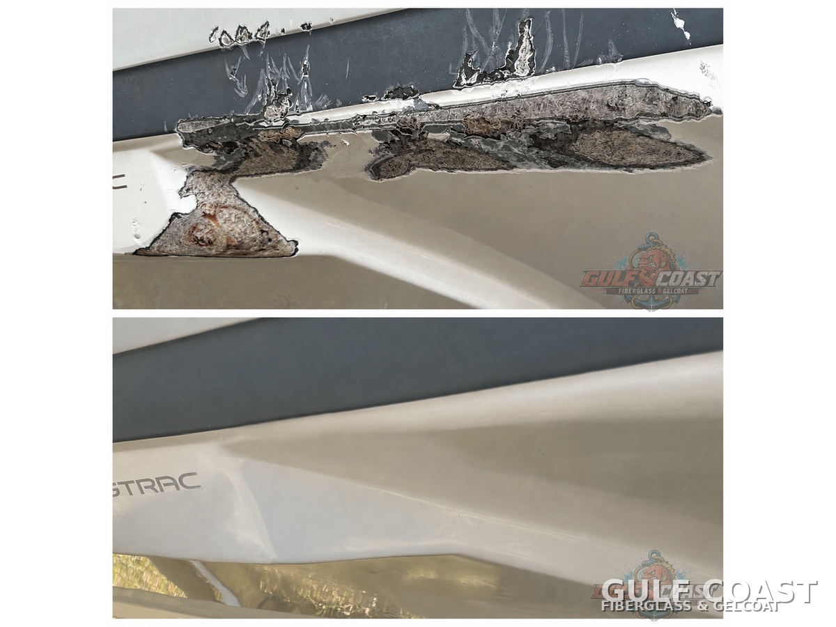Before and after wellcraft hull-side repair on a boat