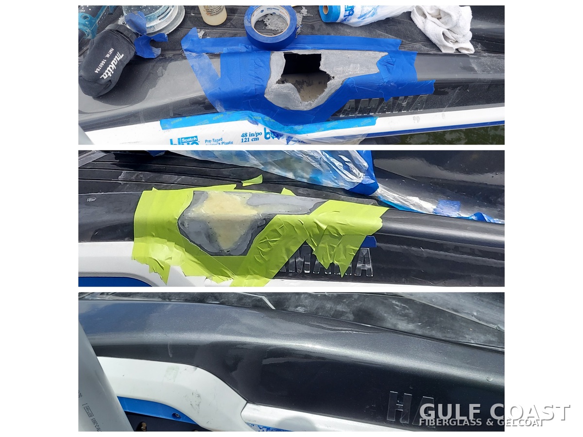 Ruskin Yamaha jet boat gunwale fiberglass repair before and after by Gulf Coast Fiberglass and Gelcoat