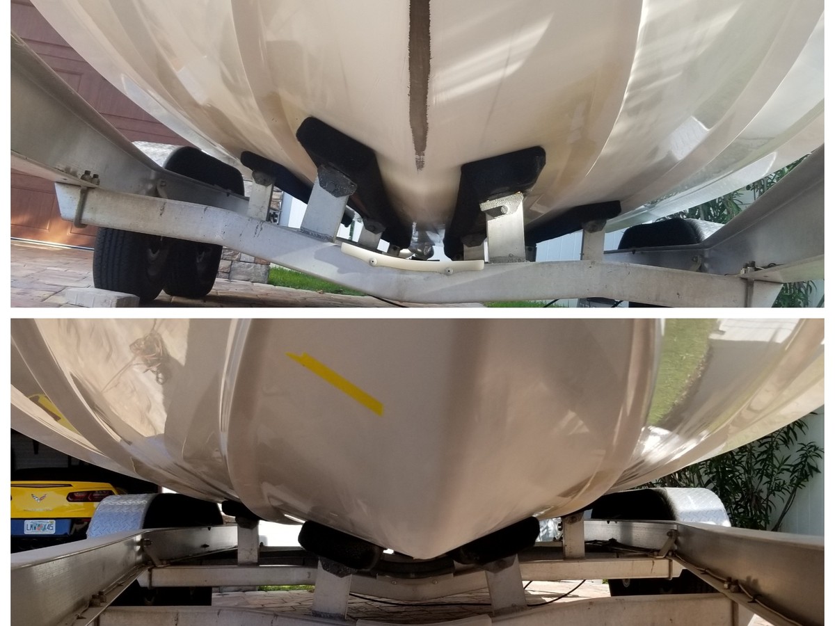 Apollo Beach boat keel fiberglass and gelcoat repair before and after by Gulf Coast Fiberglass and Gelcoat