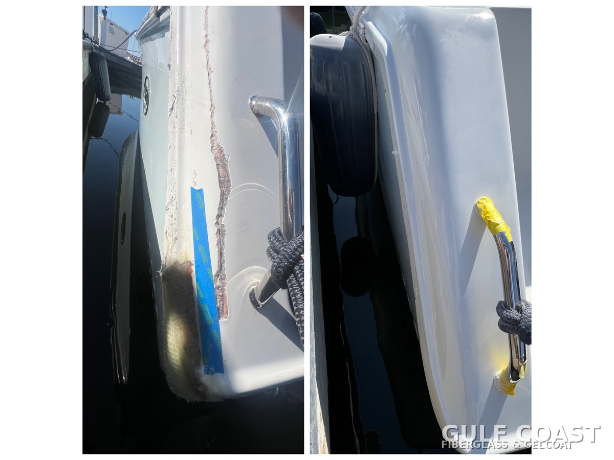 Anna Maria Island boat stern corner fiberglass and gelcoat repair before and after by Gulf Coast Fiberglass and Gelcoat