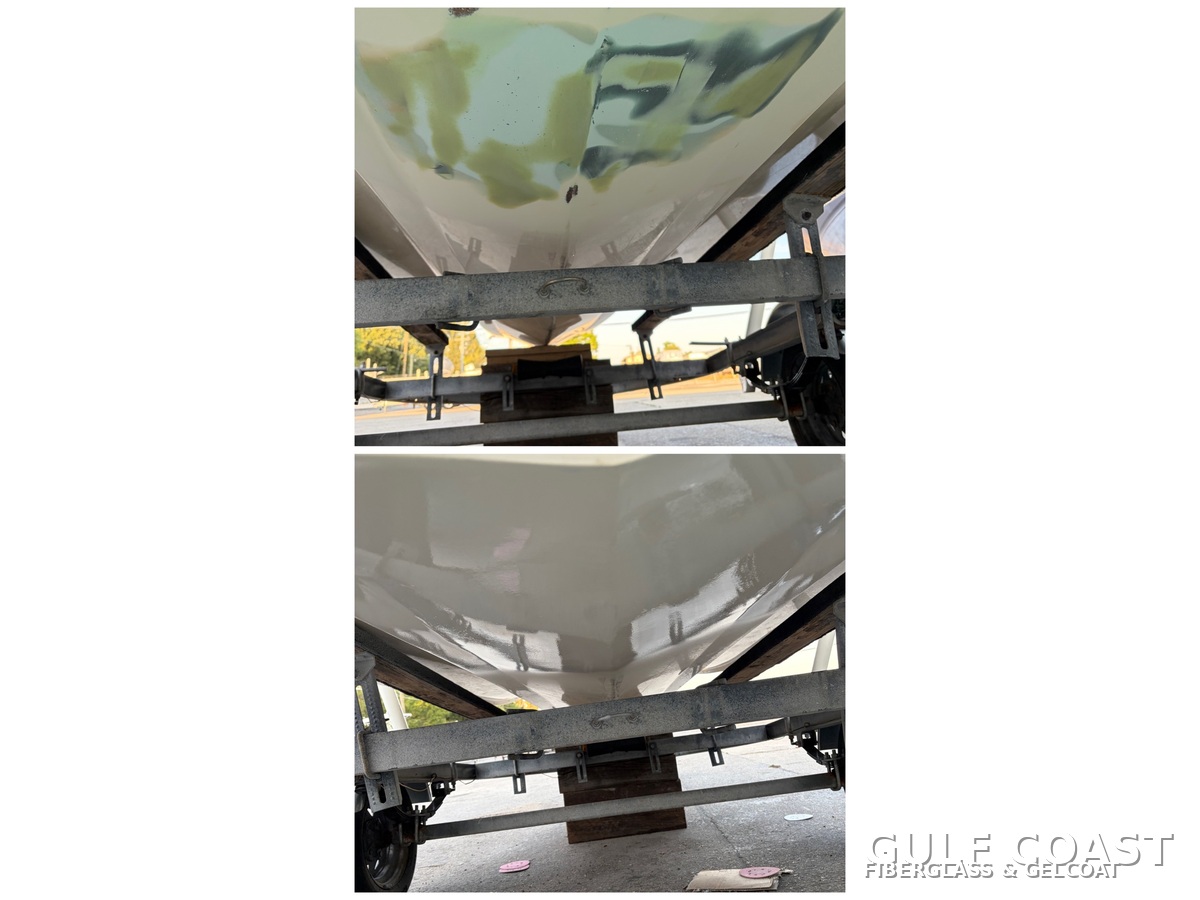 Before and after bow & hull-bottom repair on a boat