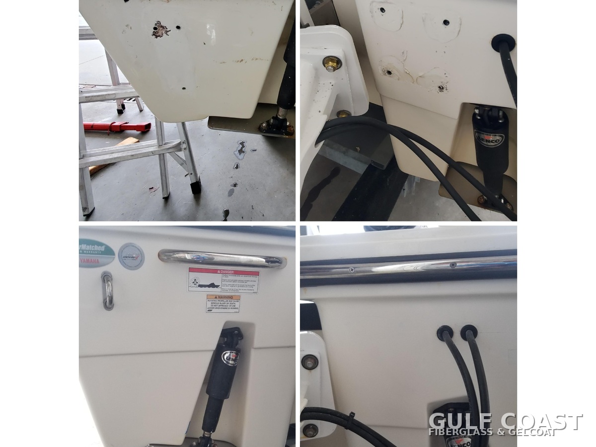 South Tampa power pole transom mounting hole gelcoat repair before and after by Gulf Coast Fiberglass and Gelcoat