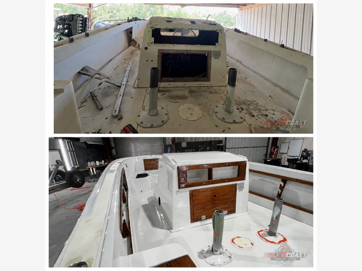 Before and after classic mako interior restoration on a boat