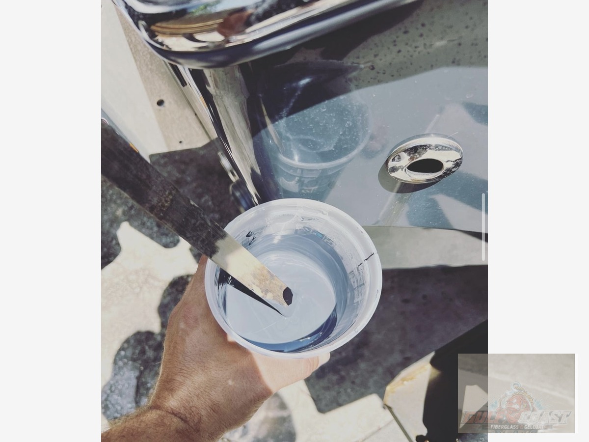 Custom blue gelcoat color matching on a boat