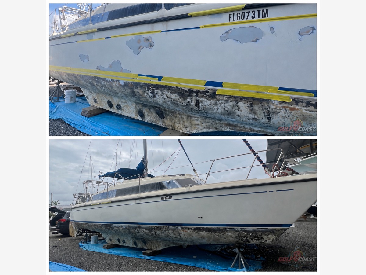 Before and after sailboat hull-bottom restoration on a boat