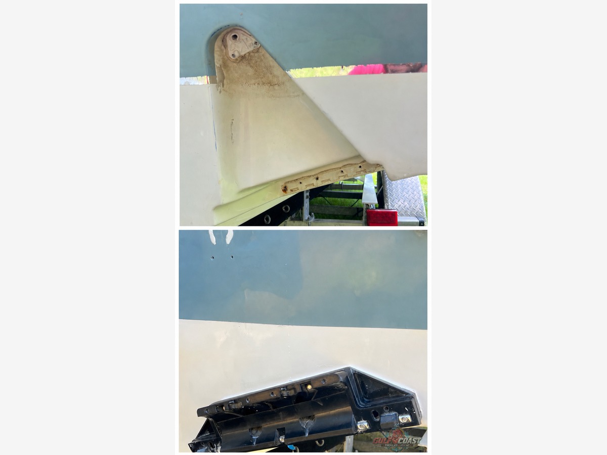 Before and after trim-tab pocket fiberglass & gelcoat finish on a boat