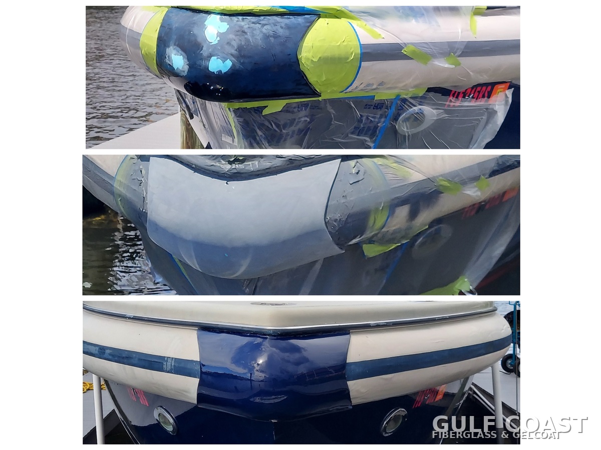 Palmetto yacht tender bow gelcoat repair before and after by Gulf Coast Fiberglass and Gelcoat