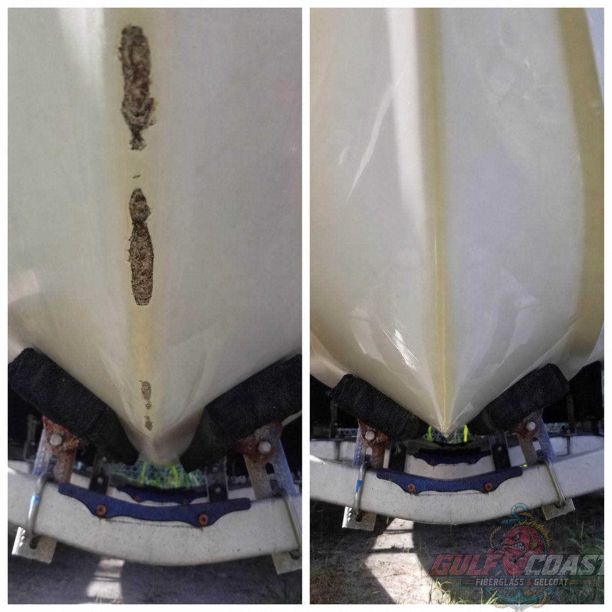 Original Gulf Coast keel repair photographs showing worn and repaired areas beneath a boat bow