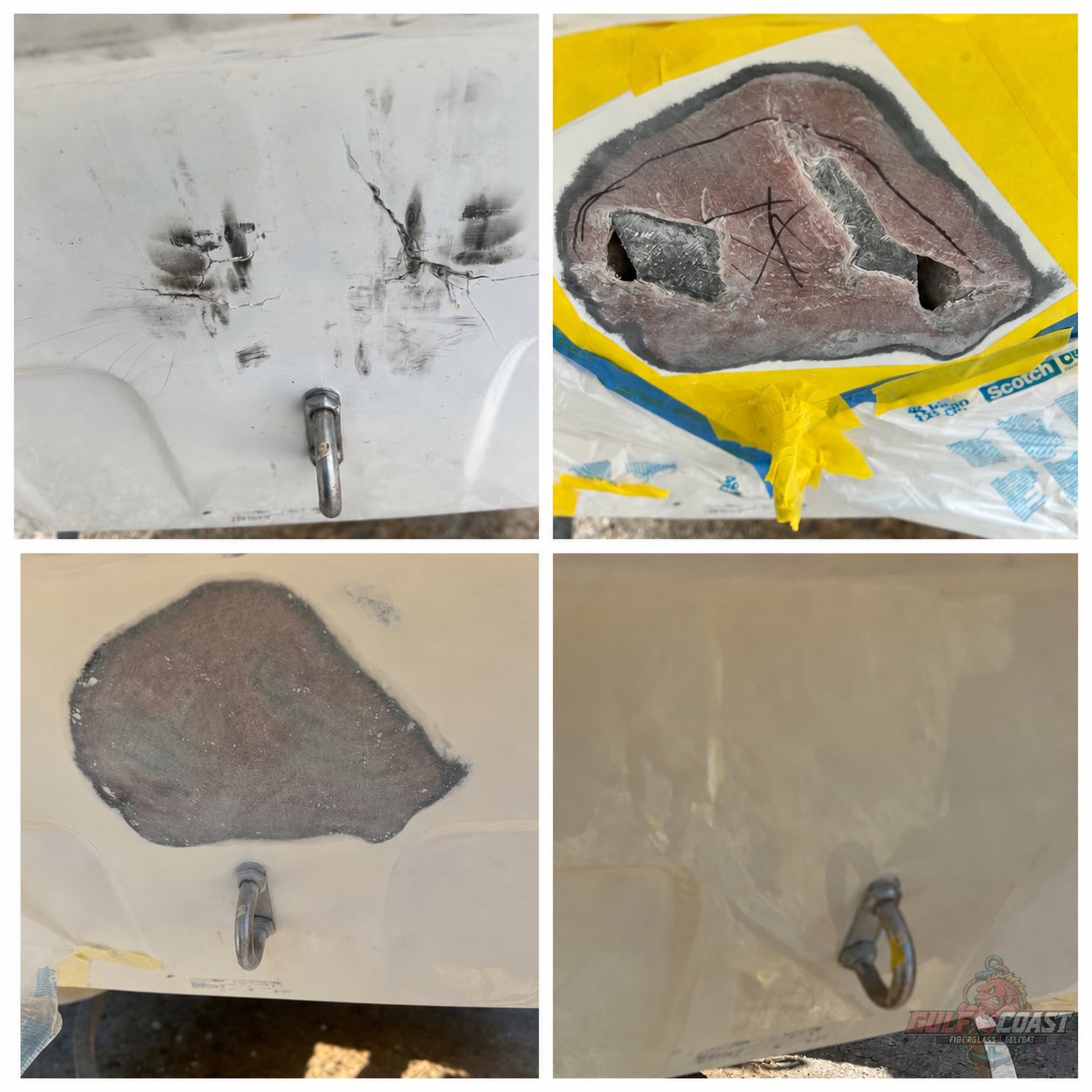 Original Gulf Coast fiberglass repair photographs showing exposed laminate and repaired surfaces